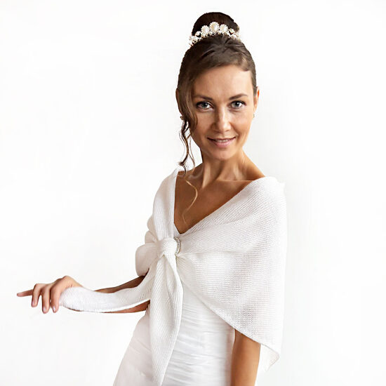 White Knitted Bridal Classic Triangle Shawl, Elegant Wedding Cover Up for Bridesmaids, code WW19
